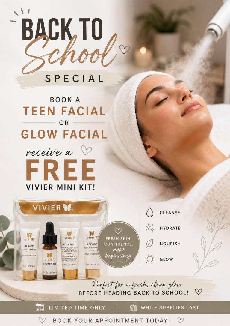 Back to School Special promotional flyer offering a free Vivier Mini Kit with the booking of a Teen Facial or Glow Facial.