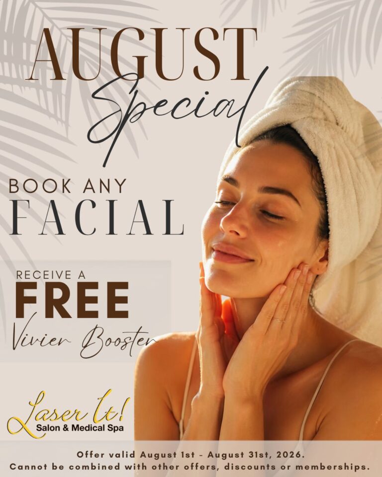 Promotional graphic reading "Book a facial for August and receive a free Vivier booster.