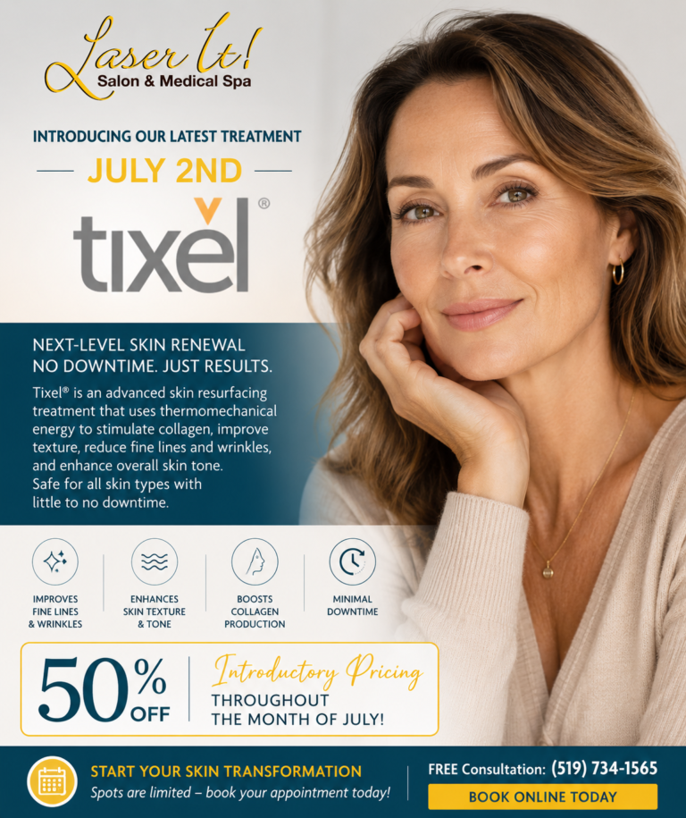Promotional graphic for Laser It! Salon & Medical Spa introducing Tixel skin resurfacing on July 2nd. A smiling woman rests her chin on her hand next to text describing the treatment as next-level skin renewal with minimal downtime. Icons highlight benefits: improves fine lines, enhances skin texture, boosts collagen, and minimal downtime. A yellow banner offers 50% off introductory pricing throughout July, with a call to action to book online or call for a free consultation.
