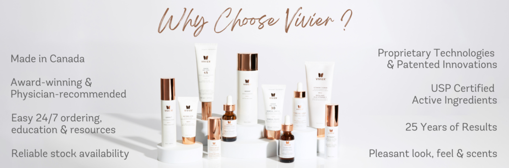 A collection of Vivier pharmaceutical-grade skincare products, including Vitamin C serums, available at Laser It! Salon & Medical Spa in Windsor and LaSalle.